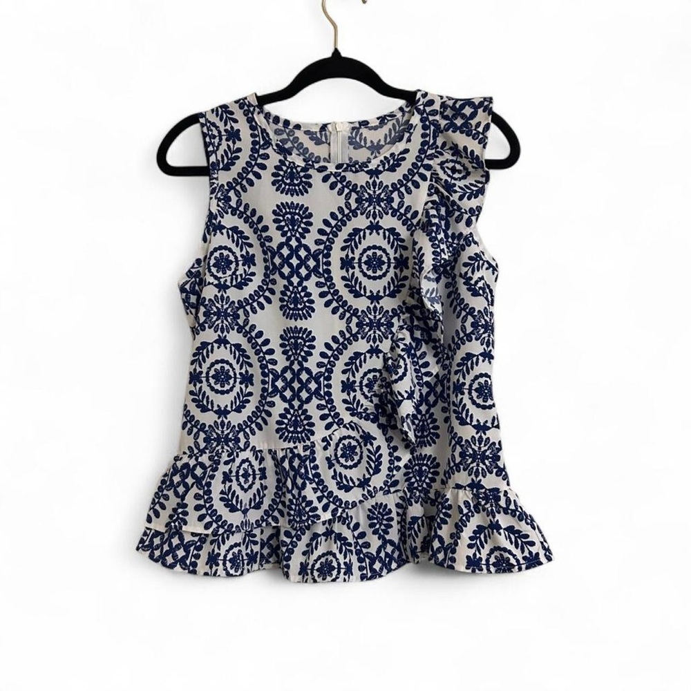 Navy and White Floral Blouse‎ With Peplum Ruffle Detail